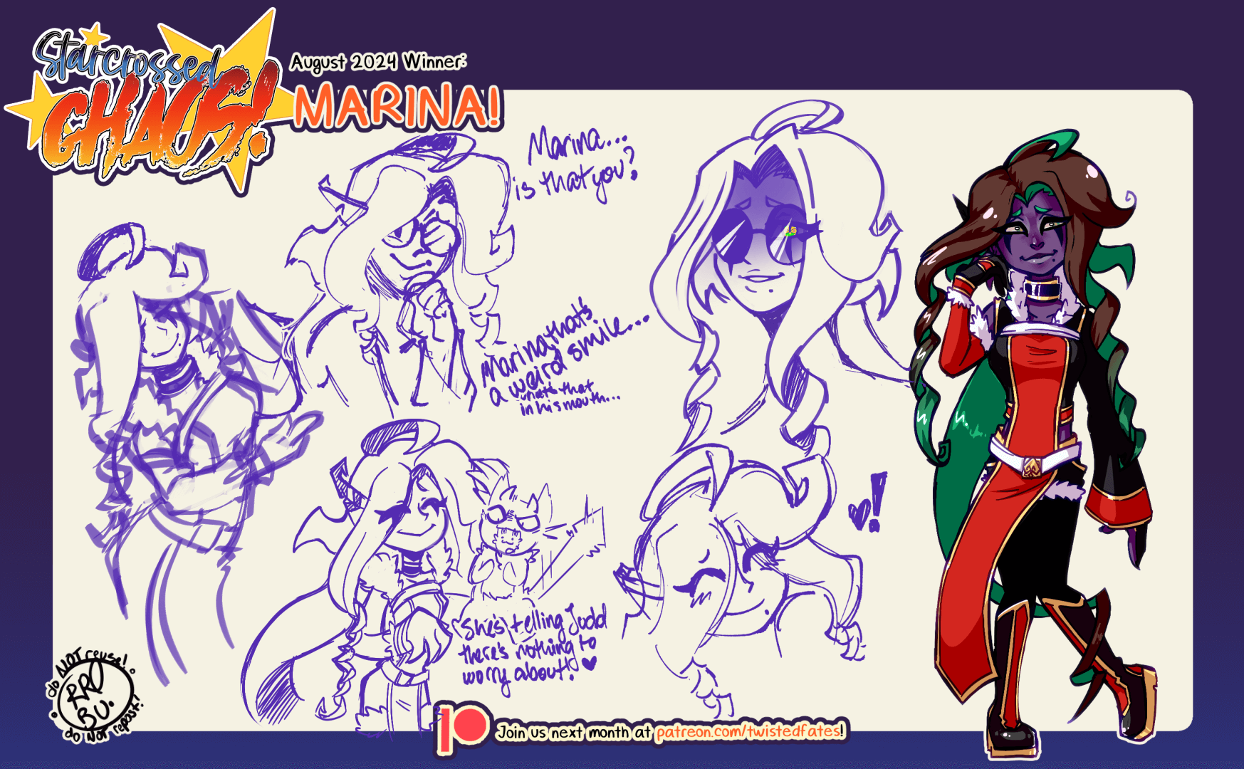 A variety of sketches of Marina, now a Siren. 